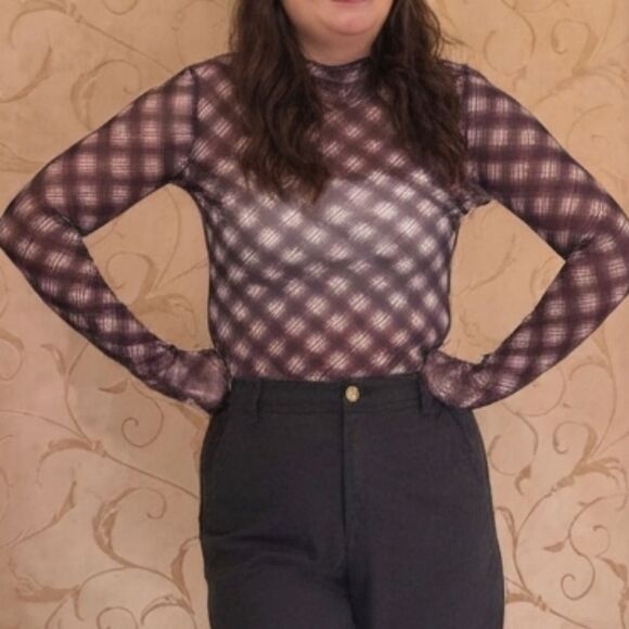 SO ME Plaid Mesh Knit Long Sleeve Top   Thumb Opening sz Small [2-4] - Picture 12 of 12